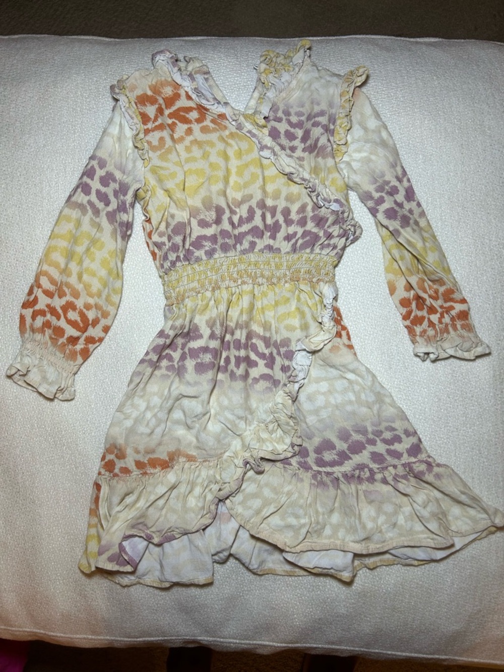 Kids MOLO Ruffled Animal Print Wrap Dress in Yellow, Purple & Orange
